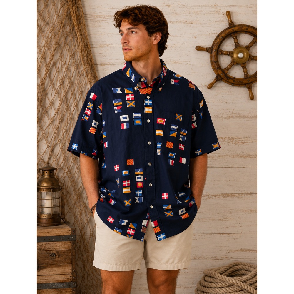Nautica L Navy Nautical Signal Flag Button Down Shirt Cotton Sailing Preppy